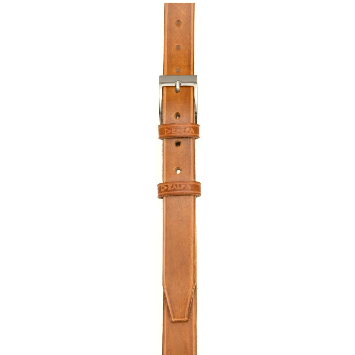 Cintura artigianale in cuoio di colore coloniale con fibbia da 3 cm aperta.