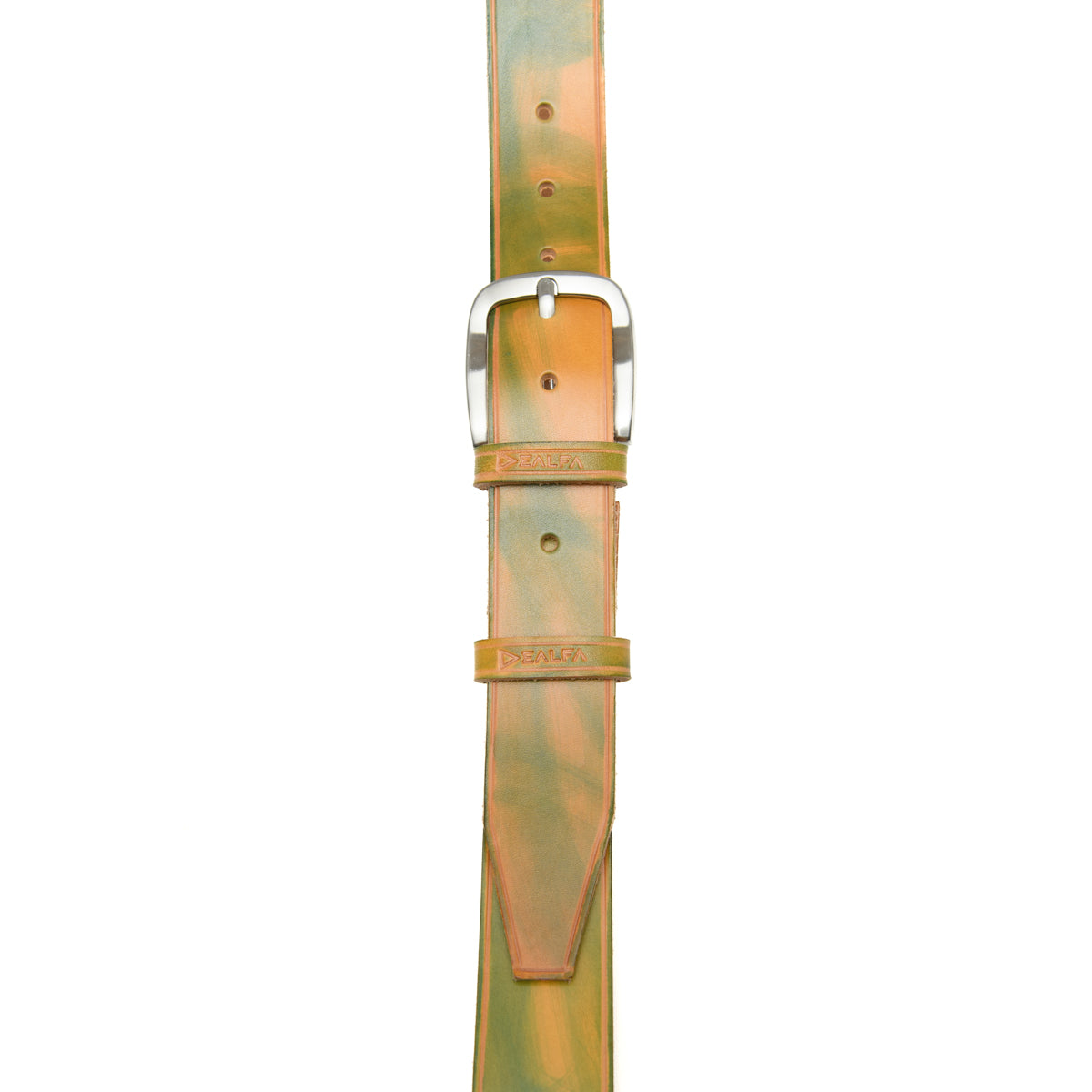 Cintura artigianale in cuoio con fibbia da 4 cm di colore giallo-verde - aperta