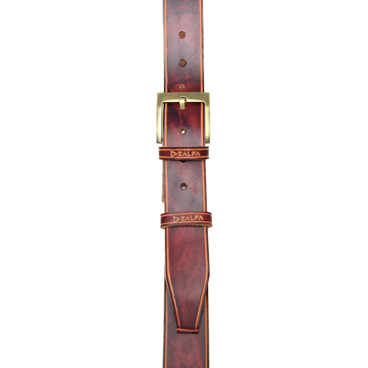 Cintura artigianale in cuoio con fibbia da 4 cm di colore bordeaux-blu - aperta